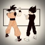  2boys absurdres black_eyes black_footwear black_hair black_sash boots crossed_arms dougi dragon_ball dragon_ball_z full_body gloves highres long_hair looking_at_viewer looking_back multiple_boys muscular muscular_male noir_illust pants sash son_goku spiked_hair standing vegeta waving white_footwear white_gloves 