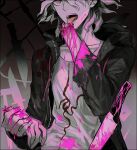  1boy amputee bangs blood blood_on_clothes blood_on_hands blood_on_knife blood_on_weapon bone collarbone commentary_request danganronpa_(series) danganronpa_2:_goodbye_despair gradient gradient_background guro hand_grab hood hooded_jacket jacket knife komaeda_nagito male_focus messy_hair open_clothes open_jacket pink_blood print_shirt shirt solo tewa_(0120831) tongue tongue_out weapon 
