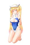  1girl absurdres animal_ear_headwear bare_legs bare_shoulders baseball_cap blonde_hair blue_one-piece_swimsuit breasts choi_ego cleavage closed_mouth commission covered_navel gradient_hair hair_through_headwear hands_up hat highleg highleg_swimsuit highres keibeam kneeling large_breasts long_hair looking_at_viewer micro_shorts multicolored_hair one-piece_swimsuit original red_eyes second-party_source shorts simple_background slippers smile solo sweatband swimsuit thigh_strap thighs twintails two-tone_swimsuit very_long_hair white_background white_headwear white_shorts 