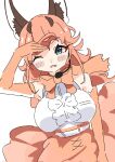  1girl animal_ears belt blue_eyes bow bowtie caracal_(kemono_friends) cat_ears cat_girl elbow_gloves extra_ears gloves hawawam31677 highres kemono_friends kemono_friends_v_project long_hair looking_at_viewer microphone one_eye_closed orange_hair shirt simple_background skirt sleeveless sleeveless_shirt solo upper_body virtual_youtuber 
