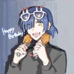  1girl black_shirt blue_hair bocchi_the_rock! chicken_(food) commentary earrings eyes_visible_through_hair food food_on_face happy_birthday hashtag-only_commentary holding holding_food jewelry mole mole_under_eye nininikal novelty_glasses open_mouth shirt short_hair solo stud_earrings upper_body yamada_ryo yellow_eyes 