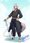 2024 anthro canid canine canis closed_smile clothed clothing dated domestic_dog floppy_ears full-length_portrait fur hair hi_res male mammal melee_weapon mouth_closed papayafurry portrait red_eyes short_hair signature slight_smile smile solo standing sword tan_body tan_fur weapon white_hair