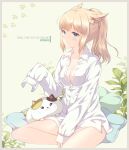  1girl animal_ears ayamisiro blonde_hair blue_eyes border breasts brown_border buttons cat cat_ears cat_girl cat_tail cheek_press cleavage collared_shirt copyright_name cushion fat_cat_(ff14) feet_out_of_frame final_fantasy final_fantasy_xiv highres leaf light_blush medium_breasts medium_hair miqo&#039;te partially_unbuttoned paw_print plant ponytail shirt simple_background sitting sleeves_past_fingers sleeves_past_wrists slit_pupils smile solo tail wariza warrior_of_light_(ff14) white_shirt yellow_background 