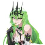  1girl :d bare_shoulders black_gloves breasts claw_ring crown dress enc_ods gloves green_eyes green_hair highres honkai_(series) honkai_impact_3rd long_hair looking_at_viewer medium_breasts mobius_(honkai_impact) open_mouth simple_background single_sleeve sleeveless sleeveless_dress slit_pupils smile solo tsurime upper_body very_long_hair wavy_hair white_background white_dress white_sleeves 