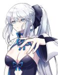  1girl bangs blue_eyes bow braid breasts cleavage clothing_cutout commentary dress eyebrows_visible_through_hair fate/grand_order fate_(series) hair_between_eyes hair_bow highres kuwowo large_breasts long_hair morgan_le_fay_(fate) navel_cutout outstretched_arm silver_hair simple_background solo upper_body white_background 