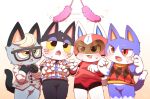 2023 4_fingers animal_crossing anthro armor black_body black_eyes black_fur blonde_hair blue_body blue_fur blush bottomless bottomless_male cat_toy clothed clothing embarrassed eyewear fangs featureless_crotch fingers fist fur glasses grey_body grey_fur group hair headgear helmet heterochromia hi_res kid_cat_(animal_crossing) looking_up male nintendo open_mouth punchy_(animal_crossing) raymond_(animal_crossing) red_clothing rover_(animal_crossing) tail teeth white_body white_fur whitill_fluffy