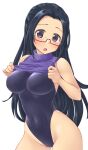  1girl aimobake bad_id bad_twitter_id bespectacled black_hair black_swimsuit breasts clothes_lift commentary_request covered_navel cowboy_shot egami_tsubaki glasses head_tilt highleg highleg_swimsuit highres idolmaster idolmaster_cinderella_girls large_breasts lifted_by_self long_hair looking_at_viewer one-piece_swimsuit open_mouth purple_eyes purple_shirt red-framed_eyewear semi-rimless_eyewear shirt shirt_lift simple_background solo standing swimsuit turtleneck under-rim_eyewear white_background 