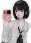  1girl aegyo_sal amaru black_hair blue_eyes blunt_bangs blurry bob_cut cellphone closed_mouth clothing_cutout depth_of_field earrings highres holding holding_phone jewelry long_sleeves phone photo-referenced real_life selfie shirt short_hair shoulder_cutout simple_background skull_(person) smartphone solo upper_body white_background white_shirt 