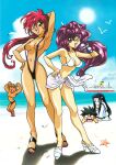  1990s_(style) 2girls 3boys arm_behind_head arm_up armpits bakuretsu_hunters bangs beach bikini bird black_footwear black_swimsuit blue_eyes breasts carrot_glace chocolate_misu cruise_ship day eyebrows_visible_through_hair gateau_mocha gotou_keiji hand_on_hip high_heels highres holding holding_eyewear kneeling long_hair looking_at_viewer marron_glace medium_breasts multiple_boys multiple_girls navel official_art open_mouth outdoors pink_nails red_eyes retro_artstyle rimless_eyewear round_eyewear sarong seagull seashell shell slingshot_swimsuit standing starfish sun sweatdrop swimsuit tan tira_misu white_footwear white_nails white_swimsuit 