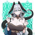  1girl absurdres arknights bare_shoulders black_scales black_tail breasts cleavage collarbone commentary feathered_wings green_eyes grey_hair head_wings highres ho&#039;olheyak_(arknights) ho&#039;olheyak_(carriage_of_the_winds_of_time)_(arknights) large_breasts looking_at_viewer medium_hair mumei518 scales slit_pupils smile snake_tail solo tail two-tone_wings upper_body wings 