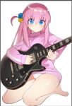  1girl barefoot blue_eyes blush bocchi_the_rock! border breasts caburi cube_hair_ornament electric_guitar gotoh_hitori guitar hair_between_eyes hair_ornament highres holding holding_instrument instrument jacket long_hair long_sleeves looking_at_viewer medium_breasts one_side_up panties pink_hair pink_jacket plectrum simple_background solo track_jacket underwear white_background white_panties 