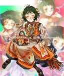  1girl breasts brown_eyes choker closed_mouth dress farah_oersted flower full_body green_hair hair_flower hair_ornament highres looking_at_viewer open_mouth orange_dress short_hair smile solo tales_of_(series) tales_of_eternia talesofmea v very_short_hair 