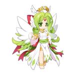  1girl angel_wings anklet back_bow barefoot bow chibi closed_mouth detached_sleeves detached_wings dress ear_wings full_body green_eyes green_hair hair_bow jewelry laurel_crown long_hair looking_at_viewer official_art pelvic_curtain pointing pointing_at_viewer procella ragnarok_online red_bow simple_background sleeveless sleeveless_dress smile solo standing transparent_background white_dress white_sleeves white_wings wings yuichirou 