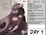 anthro bat beverage bodily_fluids bottomwear clothed clothing container cup dialogue electronics female fully_clothed hyattlen mammal membrane_(anatomy) membranous_wings microphone neck_tuft pants sitting solo stream_chat streaming sweat sweatdrop text tuft wings