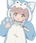  1girl animal_costume animal_hands animal_hood blush brown_eyes fang grey_hair highres hood hood_up lisa_(mochi070823) looking_at_viewer onii-chan_wa_oshimai! open_mouth oyama_mahiro simple_background skin_fang solo upper_body white_background wolf_costume 
