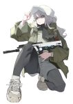  1girl backpack bag black_pantyhose black_scarf blue_archive full_body green_eyes green_jacket grey_hair grey_shorts gun hand_on_headwear hare_(blue_archive) hare_(camp)_(blue_archive) hat highres holding holding_gun holding_weapon jacket long_hair long_sleeves on_one_knee open_clothes open_jacket pantyhose ponytail rifle scarf shoes shorts simple_background slippyn3 sneakers solo sweater weapon white_background white_hat 