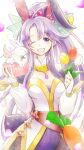  1girl ;d alternate_costume animal_ears bridal_gauntlets fake_animal_ears fire_emblem fire_emblem:_genealogy_of_the_holy_war fire_emblem_heroes flower highres holding holding_flower long_hair looking_at_viewer one_eye_closed open_mouth playboy_bunny ponytail purple_eyes purple_hair rabbit rabbit_ears sidelocks smile tailtiu_(fire_emblem) teeth upper_teeth_only yoshiyanmisoko2 