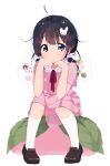  1girl black_hair blue_eyes blush food full_body hair_ornament highres kitashirakawa_tamako lisa_(mochi070823) loafers looking_at_viewer low_twintails messy_hair mochi mole mole_on_neck pink_shirt pink_skirt pleated_skirt pom_pom_(clothes) pom_pom_hair_ornament rabbit_hair_ornament shirt shoes short_sleeves simple_background sitting skirt smile socks solo tamako_market twintails white_background white_socks 