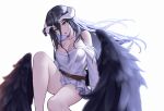  1girl albedo_(overlord) arm_support bangs bare_shoulders belt black_hair black_wings blurry blurry_foreground breasts cleavage collarbone commentary demon_girl demon_horns dress feathered_wings feet_out_of_frame highres horns large_breasts leg_up long_hair long_sleeves looking_at_viewer low_wings off_shoulder open_mouth overlord_(maruyama) shirt simple_background sitting siun solo white_background white_dress wings yellow_eyes 