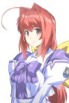  1girl ahoge bangs bow bowtie closed_mouth commentary_request eyebrows_visible_through_hair hair_bow hair_intakes juliet_sleeves kagami_sumika long_hair long_sleeves looking_at_viewer low_ponytail muvluv otoo_(izanagi) puffy_sleeves purple_bow purple_neckwear red_eyes red_hair revision school_uniform serafuku shiny shiny_clothes shiny_hair sidelocks sideways_glance simple_background smile solo upper_body white_background yellow_bow 
