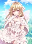  1girl asymmetrical_legwear blonde_hair blush bow bug butterfly butterfly_on_hand cape choker commission day dress fairy_wings fur-trimmed_cape fur_trim garter_straps gloves hair_bow hinata_mizuiro indie_virtual_youtuber long_hair looking_at_viewer parted_lips purple_eyes single_leg_pantyhose single_thighhigh skeb_commission sky solo thighhighs tiara virtual_youtuber wings 