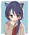  1girl animal_ears averting_eyes blue_background blue_eyes blue_hair blue_ribbon blush border brown_cardigan brown_dress cardigan cat_ears cat_girl clenched_hand commentary dark_blue_hair dress drop_shadow embarrassed flying_sweatdrops hair_ribbon hand_on_own_face hasu_no_sora_school_uniform highres inset_border kemonomimi_mode link!_like!_love_live! long_hair long_sleeves love_live! low_twintails mole mole_on_neck murano_sayaka nagisa_iori neckerchief nose_blush open_cardigan open_clothes open_mouth outside_border red_neckerchief ribbon sailor_collar sailor_dress school_uniform sideways_glance solo twintails upper_body virtual_youtuber whiskers white_border white_sailor_collar winter_uniform 