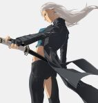  1girl backless_pants black_gloves blue_coat blue_eyes breasts closed_mouth coat cowboy_shot devil_may_cry_(series) devil_may_cry_5 fingerless_gloves from_behind from_side genderswap genderswap_(mtf) gloves highres holding holding_weapon katana long_hair meijwttdg midriff pants profile standing sword vergil_(devil_may_cry) very_long_hair weapon white_hair yamato_(sword) 