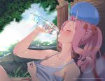  1girl absurdres artist_name blurry blurry_foreground blush bottle breasts cleavage closed_eyes clothes_pull commentary day drinking feca_shield food-themed_hair_ornament grass hair_ornament hair_pulled_back hairclip highres horns medium_breasts medium_hair on_head oni_horns outdoors pink_hair ponytail rainbow rimuru_tempest sarashi scrunchie shirt_pull shuna_(tensei_shitara_slime_datta_ken) signature sitting sleeveless slime_(substance) strawberry_hair_ornament sunlight sweat sweatdrop tank_top tensei_shitara_slime_datta_ken tree upper_body water_bottle watermark web_address white_tank_top 