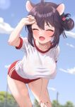  1girl ahoge animal_ears black_hair blue_archive blue_sky blurry blurry_background breasts buruma closed_eyes cloud commentary_request day fang gym_uniform hair_bun highres kaede_(blue_archive) large_breasts leaning_forward no_halo open_mouth outdoors red_buruma shirt short_hair short_sleeves skin_fang sky solo sonao sweat wet wet_clothes white_shirt 