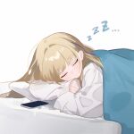  1girl absurdres bed_sheet blonde_hair blue_archive cellphone closed_eyes commentary eco_376124 highres lying on_side phone pillow shirt sleeping solo toki_(blue_archive) under_covers white_shirt zzz 