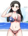  1girl american_flag_bikini arm_behind_back armorganger asymmetrical_bangs bangs bikini black_hair blue_sky breasts brown_eyes cleavage closed_mouth cloud cloudy_sky commentary cowboy_shot dated day flag_print girls_und_panzer horizon large_breasts long_hair looking_at_viewer navel nishi_kinuyo salute sky smile solo standing straight_hair swimsuit 