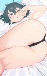  1girl ass bed bed_sheet black_hair black_panties blush highres kaban_(kemono_friends) kemono_friends looking_at_viewer lying messy_hair on_bed on_side open_mouth panties pillow rubbing_eyes shirt shiso_(sticky_shiso) short_hair sleepy solo thighs underwear waking_up 