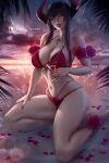  1girl bangs bikini breasts chest_tattoo cocktail_glass cup demon_horns drinking_glass eliza_(tekken) eyeshadow flower horns kneeling large_breasts makeup navel olchas parted_lips petals purple_lips red_bikini rose short_hair_with_long_locks solo sunset swimsuit tattoo tekken tekken_7 tekken_revolution vampire water yellow_eyes 