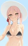  1girl bangs bare_arms bare_shoulders bikini black_bikini blue_background blush breasts cleavage closed_mouth collarbone eyebrows_visible_through_hair green_eyes hair_between_eyes hat long_hair looking_at_viewer medium_breasts navel original pink_hair simple_background skeptycally smile solo sun_hat swimsuit twintails twitter_username upper_body white_headwear 