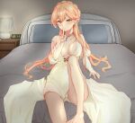 1girl bare_legs bare_shoulders bed blonde_hair blush braid breasts closed_mouth clov3r collarbone commentary_request dress earrings eyebrows_visible_through_hair finger_to_mouth french_braid girls&#039;_frontline gloves hair_ornament heart heart_earrings highres jewelry korean_commentary lamp legs long_hair looking_at_viewer medium_breasts necklace no_shoes on_bed ots-14_(girls&#039;_frontline) panties pantyshot partially_fingerless_gloves pillow ring sitting sitting_on_bed smile solo toes underwear white_background white_dress white_gloves white_panties yellow_eyes 