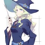  1girl bangs black_neckwear blonde_hair blue_eyes blue_headwear blue_robe breasts collared_shirt commentary_request diana_cavendish eyebrows_visible_through_hair green_hair hand_up hat highres holding holding_wand hood hood_down hooded_robe little_witch_academia long_hair long_sleeves looking_away luna_nova_school_uniform multicolored_hair necktie school_uniform shirt small_breasts solo streaked_hair tama_(tama-s) upper_body v-shaped_eyebrows wand white_background white_shirt wide_sleeves witch_hat 