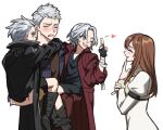  1girl 3boys black_gloves blue_eyes blush brown_hair carrying carrying_person closed_eyes coat devil_may_cry_(series) devil_may_cry_5 dress fingerless_gloves gloves highres holding kyrie long_hair male_focus multiple_boys nero_(devil_may_cry) open_mouth short_hair simple_background smile vergil_(devil_may_cry) white_background white_hair wuliu_heihuo 