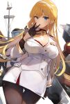  1girl ass_visible_through_thighs azur_lane black_gloves black_legwear breasts buttons cleavage collar commentary_request commission cross cross_necklace gloves hair_ornament hairband hand_up highres jewelry large_breasts long_sleeves looking_at_viewer machinery military military_uniform miniskirt naval_uniform necklace north_carolina_(azur_lane) open_clothes pantyhose shiny shiny_hair simple_background skeb_commission skirt solo thigh_gap tomocha_(tmc_tmc8) uniform white_background 