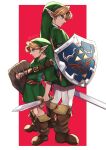  2boys absurdres belt belt_buckle blue_eyes boots brown_belt brown_footwear buckle closed_mouth commentary_request deku_shield from_side green_hat green_tunic hat highres holding holding_shield holding_sword holding_weapon hylian_shield link male_focus master_sword mi9clous multiple_boys pants pointy_ears profile shield simple_background sword the_legend_of_zelda the_legend_of_zelda:_ocarina_of_time time_paradox tunic twitter_username weapon white_pants wooden_shield young_link 