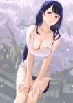  1girl absurdres architecture bangs bare_shoulders bending blurry blurry_background breasts casual cleavage collarbone commentary_request contemporary day east_asian_architecture english_commentary falling_petals genshin_impact hand_on_own_thigh highres large_breasts long_hair looking_at_viewer mole mole_under_eye off_shoulder open_mouth outdoors parted_lips petals purple_eyes purple_hair raiden_(genshin_impact) sleeveless smile solo steaming_body thighhighs tree wusie2 