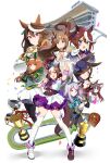  6+girls :o absurdres animal_ears armband ascot asymmetrical_footwear black_coat blue_eyes blue_hat boots bow bowtie breasts brown_hair brown_vest capelet closed_mouth coat confetti cropped_jacket cup ear_bow epaulettes fingers_to_cheeks floating_hair grass_wonder_(umamusume) green_eyes hair_over_one_eye hairband highres holding holding_cup horse_ears horse_girl horse_tail hukurou96 jacket long_hair long_sleeves medium_breasts mejiro_mcqueen_(umamusume) mihono_bourbon_(umamusume) miniskirt mismatched_footwear multicolored_hair multiple_girls neck_ribbon open_mouth orange_hair outstretched_arm own_hands_clasped own_hands_together petticoat pink_eyes pointing ponytail purple_footwear purple_hair racetrack reaching reaching_towards_viewer ribbon rice_shower_(umamusume) shirt silence_suzuka_(umamusume) single_epaulette skirt smile special_week_(umamusume) streaked_hair symboli_rudolf_(umamusume) tail teacup thighhighs tokai_teio_(umamusume) trophy two-tone_hair umamusume vest white_ascot white_background white_footwear white_hair white_jacket white_shirt white_skirt white_thighhighs wristband 