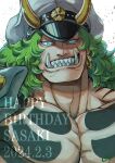  1boy 2024 blue_eyes character_name chest_tattoo coat coat_on_shoulders dated earrings english_text gomamotsu green_hair grin happy_birthday hat highres hoop_earrings horns jewelry long_hair looking_at_viewer male_focus military_hat muscular muscular_male one_piece pectorals portrait sasaki_(one_piece) sharp_teeth signature smile solo tattoo teeth tusks 