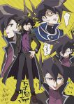  1boy aoki_(fumomo) bangs belt black_coat black_hair black_pants brown_footwear coat duel_academy_uniform_(yu-gi-oh!_gx) hair_between_eyes hair_ornament high_collar jacket long_sleeves male_focus manjoume_jun multiple_views open_mouth pants purple_shirt shaded_face shirt simple_background spiked_hair sweat translation_request yellow_background yu-gi-oh! yu-gi-oh!_gx 