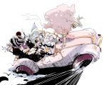  4boys black_gloves black_shirt blonde_hair boots brothers candy_saccharin capri_pants car charlotte_cracker charlotte_katakuri cigarette coat coat_on_shoulders donquixote_doflamingo donquixote_rocinante driving epaulettes food gloves heart heart_print highres knee_boots male_focus mochi motor_vehicle multiple_boys muscular muscular_male one_piece pants pink_coat pink_shirt purple_hair red_hair scarf shirt short_hair siblings speech_bubble squatting sunglasses white_background white_coat white_shirt 