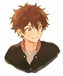  1boy 250peicai black_jacket brown_eyes brown_hair buttons closed_mouth ensemble_stars! highres jacket male_focus morisawa_chiaki portrait short_hair simple_background smile solo white_background 