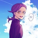  1boy blue_sky braid braided_ponytail cloud commentary_request freckles from_side jojo_no_kimyou_na_bouken korean_text looking_at_viewer male_focus open_mouth orange_eyes profile purple_hair purple_sweater ribbed_sweater sempon_(doppio_note) sky smile solo sweater translation_request turtleneck turtleneck_sweater upper_body vento_aureo vinegar_doppio 