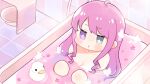  basin bath bath_stool blush cherry_blossoms chibi gradient_hair heterochromia himemori_luna hololive multicolored_hair pout rubber_duck soap_bubbles stool teriteri_tamago tile_floor tiles wet 