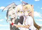  bird_girl bird_wings black-tailed_gull_(kemono_friends) black_hair black_sleeves blonde_hair blush bow bowtie brown_hair cheetah_(kemono_friends) cheetah_ears cheetah_girl cheetah_print collared_shirt elbow_gloves eyebrows_visible_through_hair fangs girl_sandwich gloves green_eyes green_hair green_jacket hair_between_eyes head_wings high_collar jacket kemono_friends kuromitsu_(9633_kmfr) lizard_girl long_hair long_sleeves multicolored_hair necktie open_clothes open_jacket open_mouth pink_neckwear print_gloves print_neckwear red_hair sailor_collar saltwater_crocodile_(kemono_friends) sandwiched shirt short_hair short_sleeves t-shirt white_shirt wings yellow_eyes 