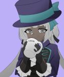  1girl black_gloves blue_bow blue_hat blue_jacket bow charon_(project_moon) cosplay cup dark-skinned_female dark_skin drinking gloves grey_background grey_eyes hands_up hat hat_bow highres holding holding_cup jacket limbus_company long_hair looking_at_viewer low_twintails project_moon reverse:1999 simple_background solo syeomsyeom top_hat twintails vertin_(reverse:1999) vertin_(reverse:1999)_(cosplay) very_long_hair white_hair 
