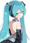  1girl aqua_eyes aqua_hair arms_at_sides backless_shirt bare_shoulders black_skirt black_sleeves blush breasts commentary detached_sleeves double-parted_bangs grey_shirt hair_between_eyes hair_ornament hatsune_miku headphones headset highres long_hair looking_at_viewer maud0239 parted_lips pleated_skirt shirt simple_background skirt small_breasts solo sweatdrop turning_head twintails very_long_hair vocaloid white_background 